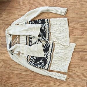 BB Dakota Cream Cable Knit Shawl Collar Cardigan with Black and Tan Fair Isle